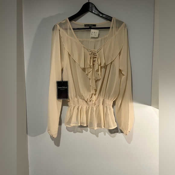 New Love Stitch sheer V- neck long sleeve blouse size large in a cream colour - Picture 3 of 8